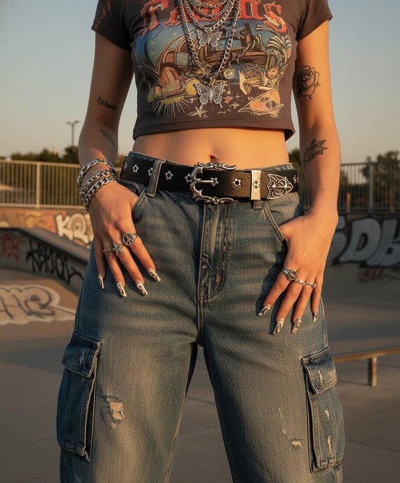 Handmade Star Studded Leather Belt, Y2K Punk Rock Waistband