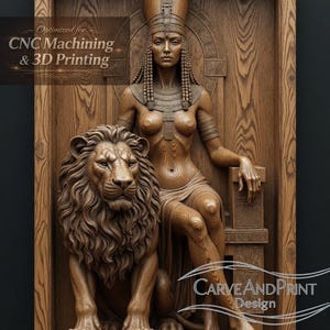 May include: Wooden relief carving of a seated figure with a lion. The figure, wearing a headdress and jewellery, is seated on a throne. The lion is positioned to the left. The carving is framed and includes the text "Optimised for CNC Machining & 3D Printing."