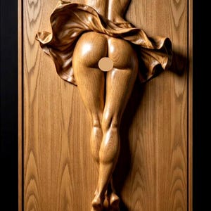 Può includere: Scultura a rilievo in legno raffigurante una figura dalla vita in giù, con le gambe incrociate alle caviglie. La figura è parzialmente drappeggiata con tessuto e la scultura è incorniciata in legno scuro.