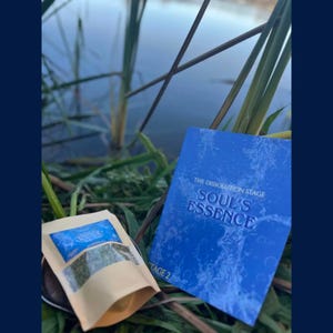 May include: A tan pouch and a blue booklet with the text "SOUL'S ESSENCE" and "THE DISSOLUTION STAGE" are displayed near water and reeds. The pouch has a blue label and contains green herbs. The booklet has a water-like design.