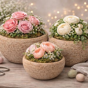 Może przedstawiać: Trzy kompozycje kwiatowe w teksturowanych, jasnobrązowych ceramicznych misach. Kompozycje zawierają różowe róże i białe kwiaty na zielonym mchu. Świeca i inne elementy dekoracyjne znajdują się w tle.