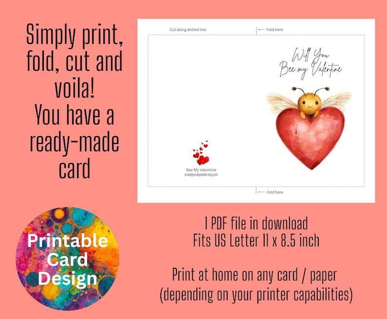 Bee My Valentine Printable Greeting Card | Instant Download | 5x7 Card ...