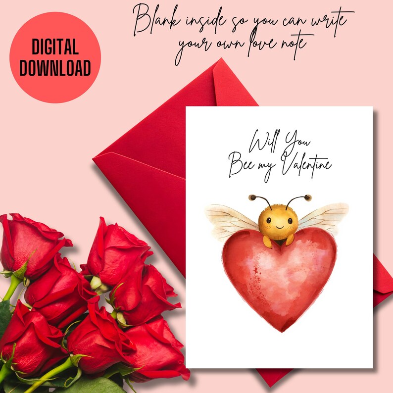 Bee My Valentine Printable Greeting Card | Instant Download | 5x7 Card ...