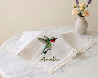 Pañuelo de lino bordado a mano / Diseño floral de colibrí, pañuelo con monograma