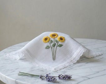 Embroidered Sunflower Linen Handkerchief | Personalized Bridal Keepsake, Fall Wedding Gift