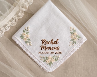 Custom Embroidered Wedding Handkerchief, Floral Bridal Hankie, Personalized Name and Date