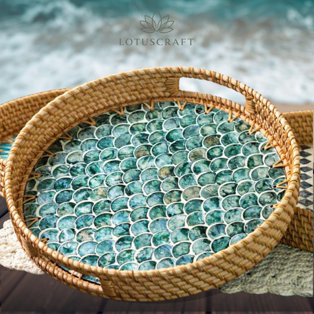 Rattan Serving Tray With Mother of Pearl Blue Fish Scales Natural ...