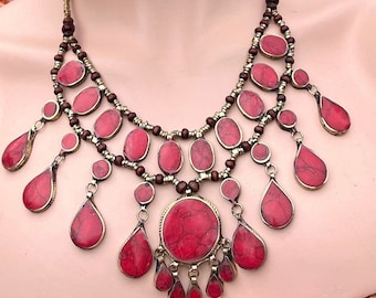 Vintage CORAL Teardrop Boho Style Necklace Belly Dance Tribal Fusion Ethnic Gypsy Jewelry