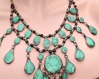 Vintage TURQUOISE Boho Style Necklace Belly Dance Tribal Fusion Ethnic Gypsy Jewelry