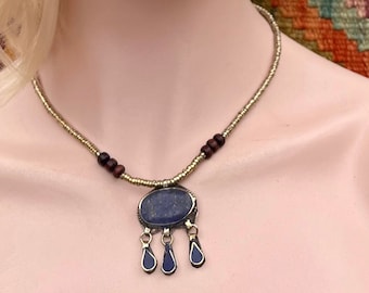 Vintage Genuine Lapis Lazuli Boho Style Necklace Tribal Fusion Belly Dance Evil Eye Gypsy Renaissance