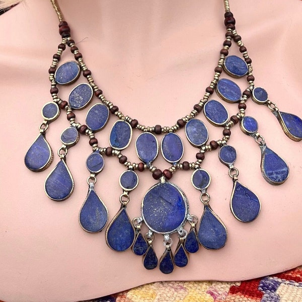 Vintage LAPIS LAZULI Boho Style Teardrop Necklace Tribal Fusion Belly Dance Gypsy Renaissance