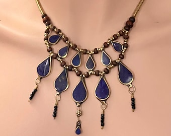 Vintage Genuine Lapis Lazuli Boho Style Necklace Tribal Fusion Belly Dance Gypsy Renaissance