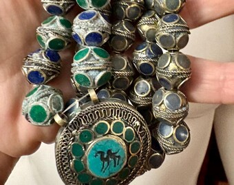 Vintage Afghan Turkmen Beads Strand Belly Dance Costume Supply BLUE & GREEN