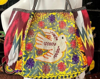 Handmade Uzbek Suzani Ikat Floral Bird Star Design Boho Purse Shoulder Tote Bag