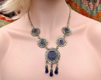 Vintage Genuine Lapis Lazuli Boho Style Necklace Tribal Fusion Belly Dance Gypsy Renaissance