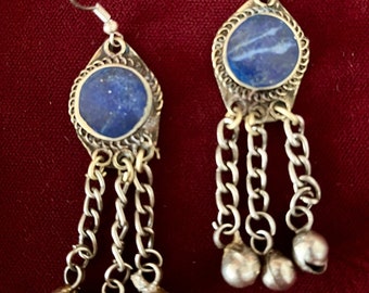 Vintage Lapis Lazuli Earrings with Bells Afghan Ethnic Jewelry