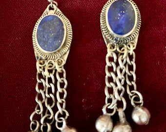 Vintage Afghani Style Lapis Lazuli Earrings With Bells Tribal Fusion Belly Dance