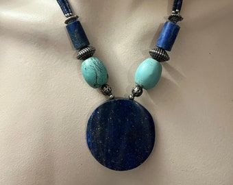 Vintage Handmade Lapis Lazuli Gemstone Necklace with Turquoise Afghanistan