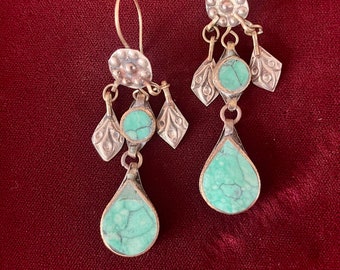 Vintage Afghani Style Green Turquoise Teardrop Dangle Earrings Tribal Fusion Belly Dance