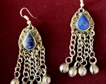 Vintage Afghani Style Fancy Lapis Lazuli Earrings With Bells Tribal Fusion Belly Dance