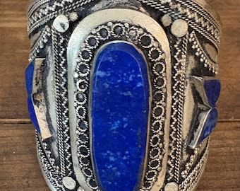 Afghan Turkmen Lapis Lazuli Cuff Bracelet Boho Ethnic Tribal Style Adjustable