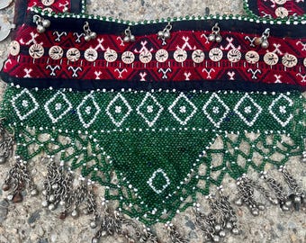 Vintage Kuchi Tribal Fusion Belly Dance Bead Panel Belt GREEN Beads
