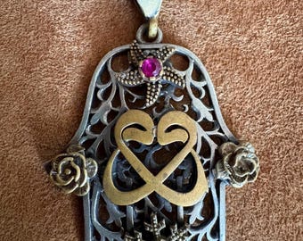 Vintage Turkish Ottoman Style Sterling Silver Hamsa Pendant on Chain Belly Dance