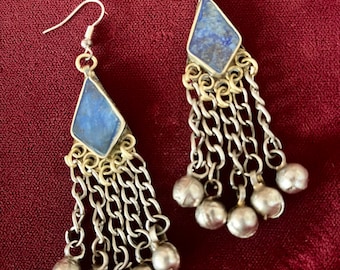 Vintage Afghani Style Lapis Lazuli Earrings With Bells Tribal Fusion Belly Dance