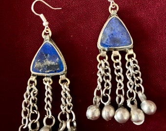 Vintage Lapis Lazuli Earrings with Bells Afghan Ethnic Jewelry