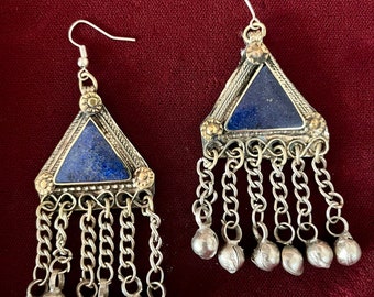 Vintage Lapis Lazuli Earrings with Bells Afghan Ethnic Jewelry