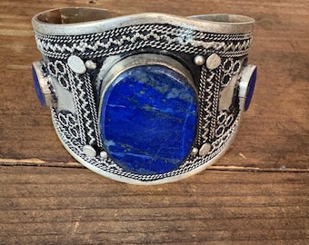 Afghan Turkmen Lapis Lazuli Cuff Bracelet Boho Ethnic Tribal Style Adjustable