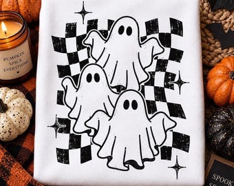 Geruite spook SVG, retro Halloween trio-ontwerp met verweerd dambordpatroon.