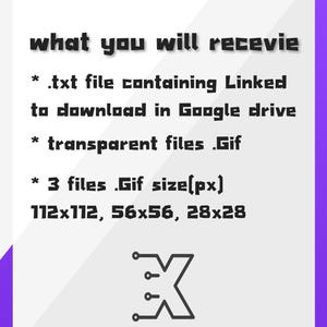 May include: A white background with the text "what you will receive" and bullet points listing a .txt file, transparent .Gif files, and three .Gif files with pixel sizes. A stylized "X" graphic is at the bottom.