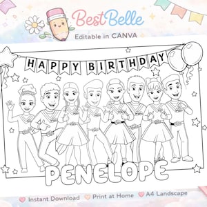May include: Black and white printable birthday coloring page featuring a group of cartoon characters with the text "HAPPY BIRTHDAY PENELOPE". The image includes balloons, stars, and the words "Best Belle" and "Editable in CANVA".