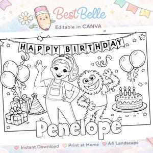 May include: Black and white line art illustration of a birthday scene. The image features a girl and a furry character, balloons, gifts, a birthday cake, and the text "HAPPY BIRTHDAY" and "Penelope". The image is labeled "Editable in CANVA".