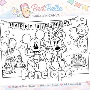 Könnte beinhalten: Schwarz-Weiß-Malvorlage mit Mickey und Minnie Mouse, Luftballons, einer Geburtstagstorte und dem Text "Happy Birthday Penelope". Enthält den Text "Instant Download" und "Print at Home".