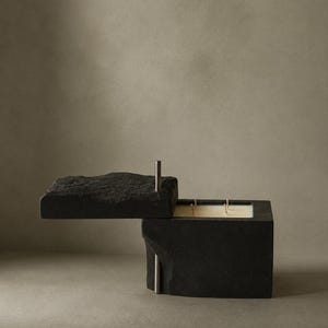 May include: A black, square-shaped candle container with a textured, rock-like exterior and a smooth interior holding white wax with three wicks. A matching black lid is partially open, supported by a vertical silver metal rod on one side.