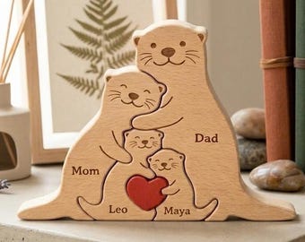 Personalisierte Otter Familie Holzpuzzle, individuelle Otter Jigsaw Andenken, Familie mit 4 Dekor, Jubiläumsgeschenk für Paare