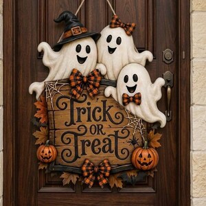 May include: A Halloween door sign featuring three white ghosts, one wearing a black witch hat. The sign is shaped like a wooden board with the text Trick or Treat, decorated with orange plaid bows, autumn leaves, and two small jack-o'-lanterns.