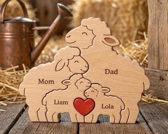 Personalized Sheep Family Wooden Puzzle, Custom Sheep Jigsaw Keepsake, Family of 4 Decor, Anniversary Gift for Couples, Father Day Gift