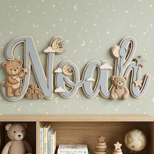 Personalisiertes Teddybär-Namensschild für Kinderzimmer, individuelles hölzernes Baby-Namensplättchen, Wolke-Sternnacht-Wanddekor, 3D-geschichtetes Kinderzimmerschild