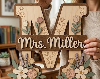 Personalized Teacher Wooden Door Sign, Custom 3D Name Sign, Classroom Door Hanger, Floral Teacher Gift, Back to School Decor
