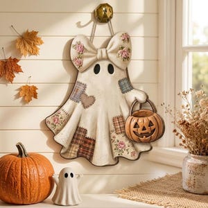 May include: A wall-hanging ghost decoration featuring a large cream-coloured bow with pink floral patterns, various fabric-style patches in plaid and floral prints, a heart-shaped patch, and a small orange jack-o'-lantern bucket held in one hand.