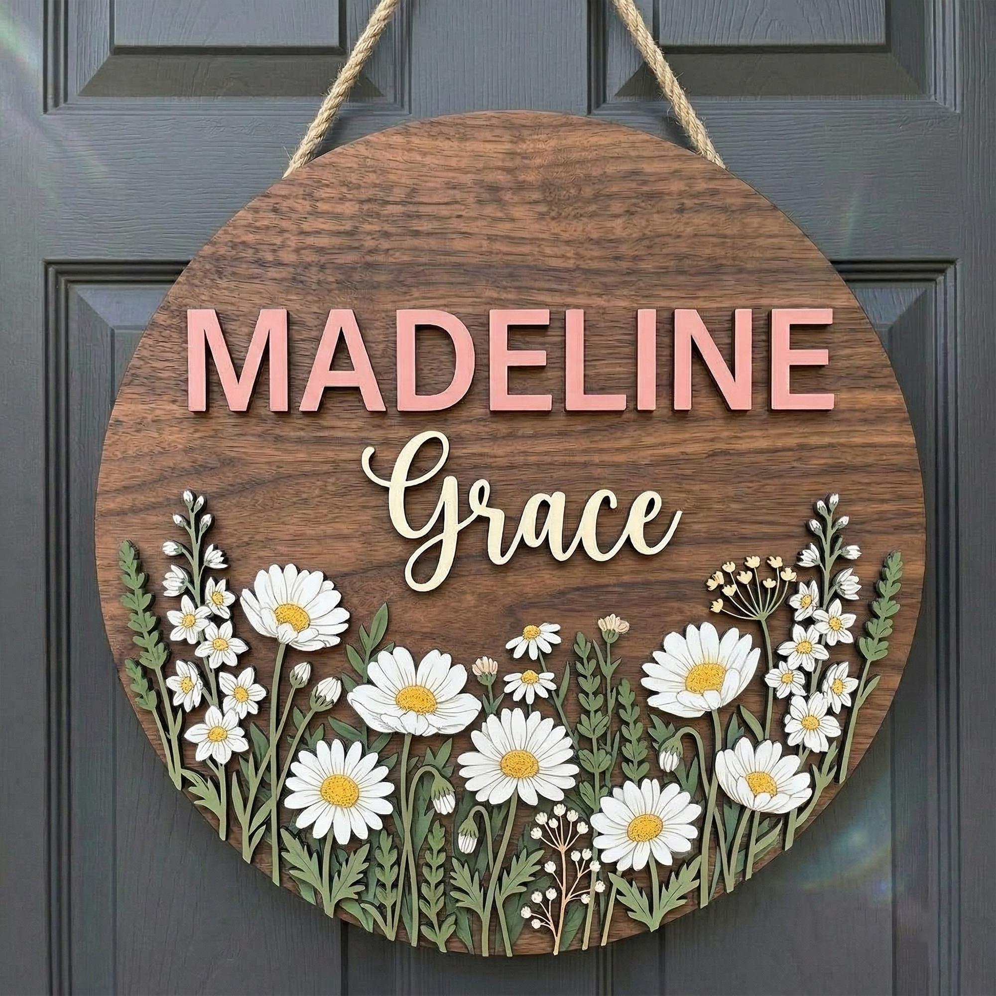 Name Sign Girl Rustic Rectangular Personalized Baby Girl Name Sign - Custom Wooden Floral Nursery Plaque ...