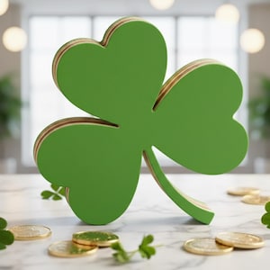 Op de afbeelding: Een grote, groene klaver met een gelaagd houten ontwerp, rechtopstaand. De klaver wordt omringd door gouden munten en kleine klaverblaadjes, wat een feestelijk St. Patrick's Day-thema creëert.
