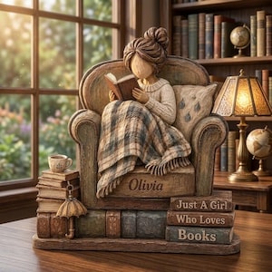 Könnte beinhalten: Eine Figur einer Person mit braunem Dutt, die in einem Sessel sitzt und ein Buch liest. Der Sessel besteht aus gestapelten Büchern mit den Gravuren Olivia, Just A Girl, Who Loves und Books. Eine kleine Tasse und ein Regenschirm sind zu sehen.