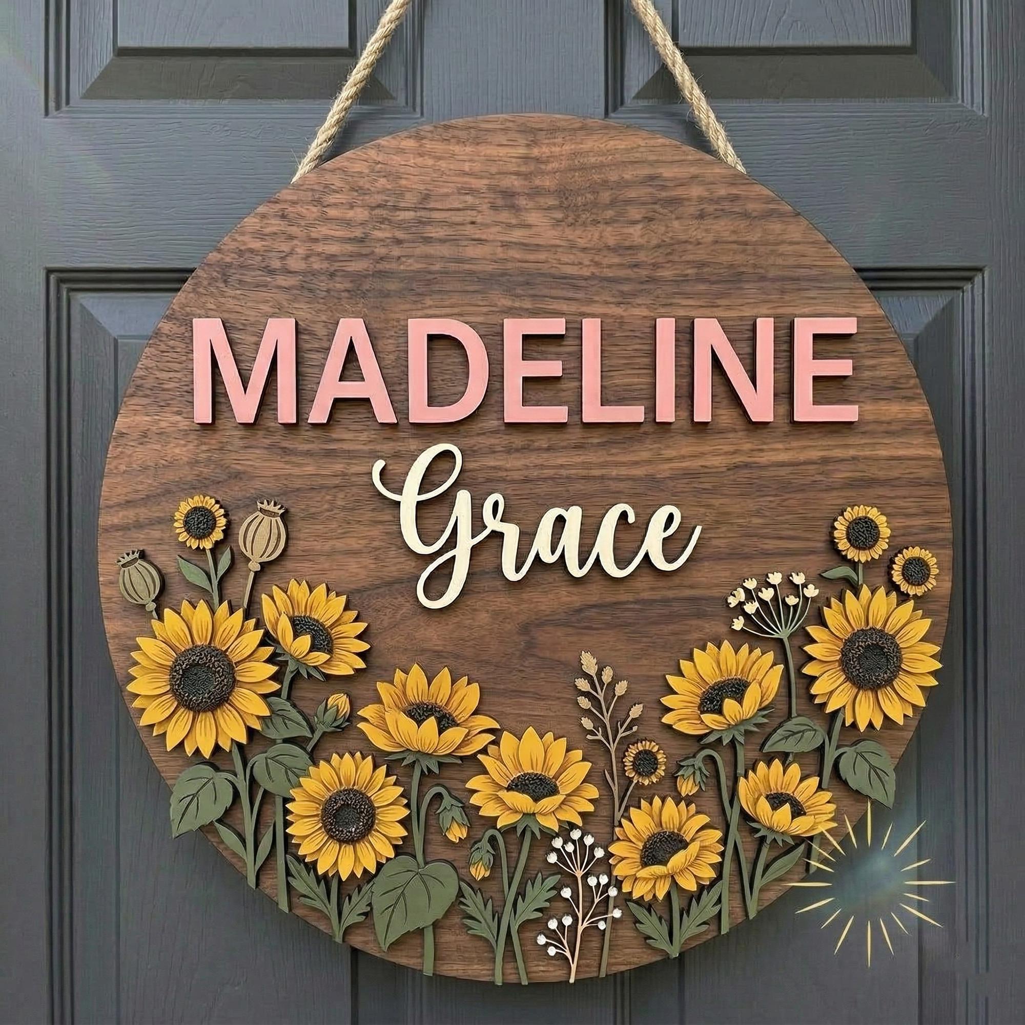 Name Sign Girl Rustic Rectangular Personalized Baby Girl Name Sign - Custom Wooden Floral Nursery Plaque ...