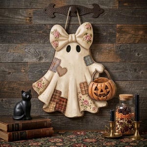 May include: A cream-coloured ghost wall hanging featuring a large bow with pink roses, various plaid and floral fabric-style patches, and a hand holding a carved orange jack-o'-lantern bucket, suspended by a rope from a dark metal hook.