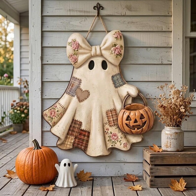 May include: A hanging wall decoration shaped like a ghost with a large bow on top, featuring patches of floral and plaid patterns. The ghost holds a carved jack-o'-lantern bucket. It is cream-coloured with dark accents and a distressed finish.