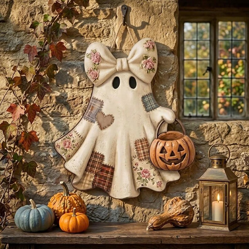 May include: A cream-coloured ghost wall hanging featuring a large bow at the top, floral and plaid fabric-style patches, and a heart-shaped patch. The ghost holds a brown jack-o'-lantern bucket in one hand and has two dark oval eye cutouts.